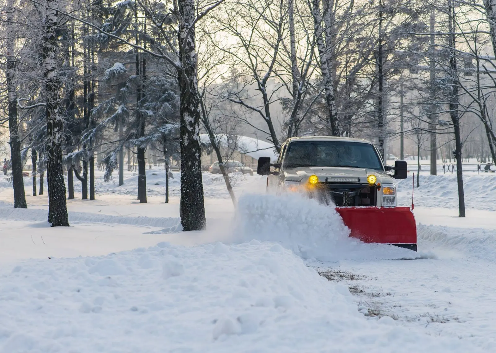 Matt's white pickup pushing snow with a red plow between snow-covered trees in Webster, NY